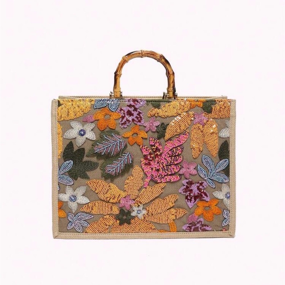 NEW Embroidered Floral Tote Bag with Bamboo Handle - Multicolor